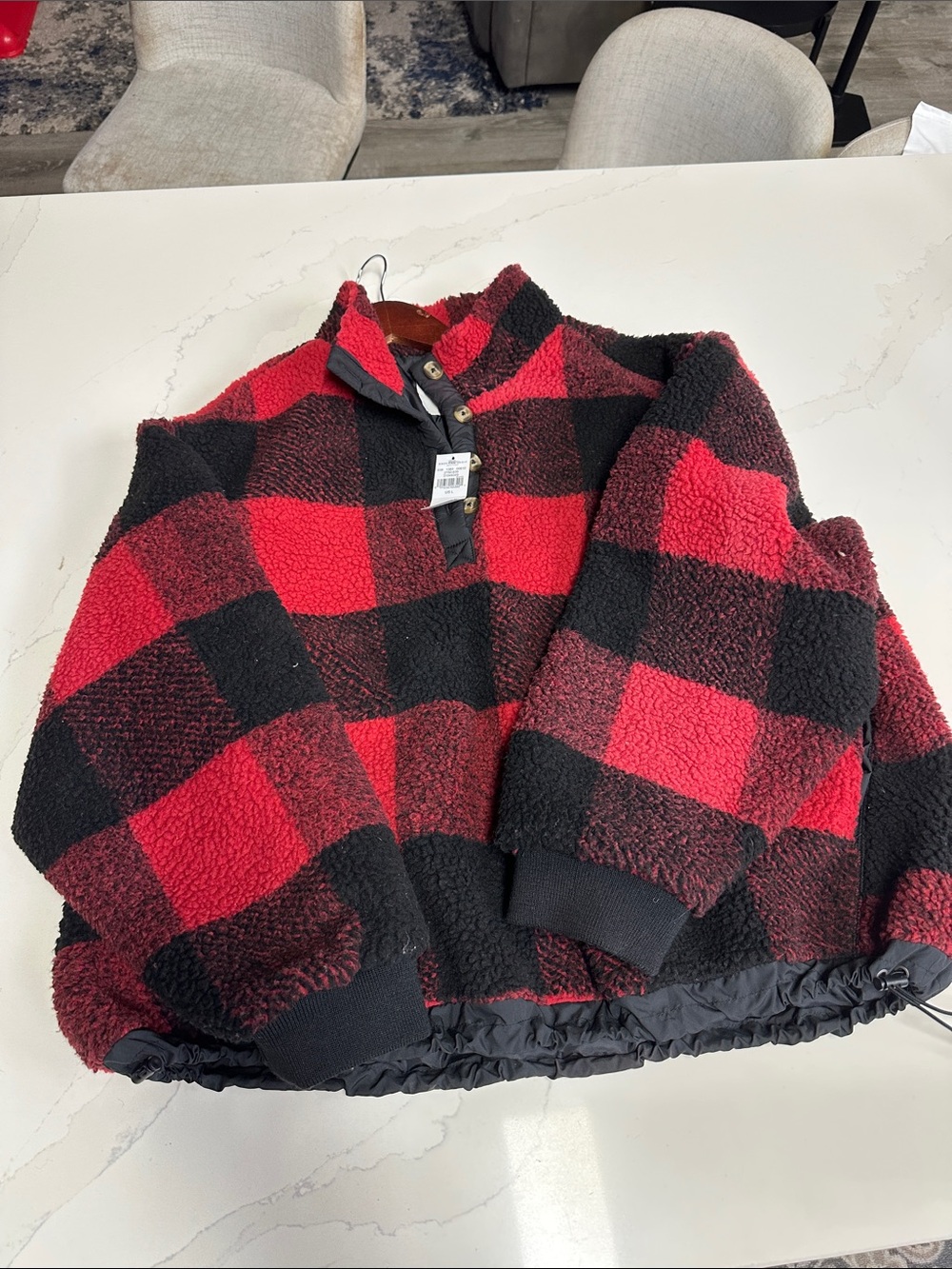 American Eagle Outfitters Red and Black Buffalo Plaid Sherpa Pullover